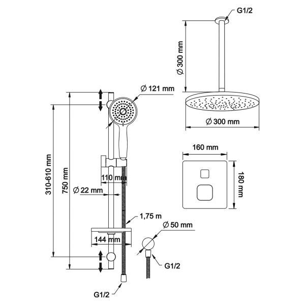 Система душевая Swedbe Platta встраиваемая на 2 выхода хром (5557)