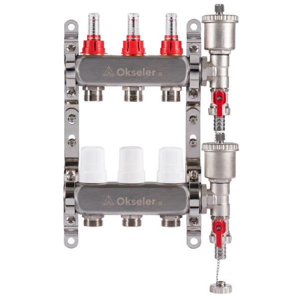 Коллекторная группа 3 отвода 1"*3/4"(18) ЕК с расходомерами Okseler (нерж.ст) с автоматическим воздухоотводчиком и спускным краном (Oks00341)