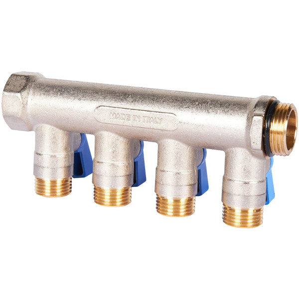 Коллектор 4 отвода с шаровыми клапанами 3/4"x1/2"(16) Stout (никель, синие ручки) (SMB-6211-341204) Коллектор 4 отвода с шаровыми клапанами 3/4"x1/2"(16) Stout (никель, синие ручки) (SMB-6211-341204)