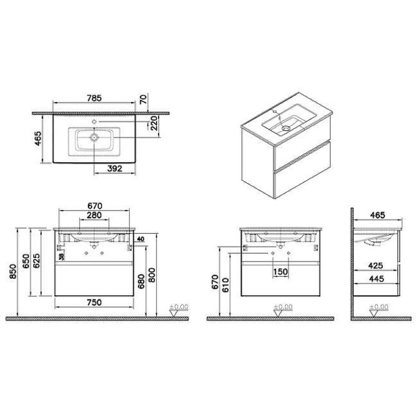 Тумба подвесная Vitra Mia Plus Square с 2 ящиками с раковиной 80 см цвет белый глянец (69742)