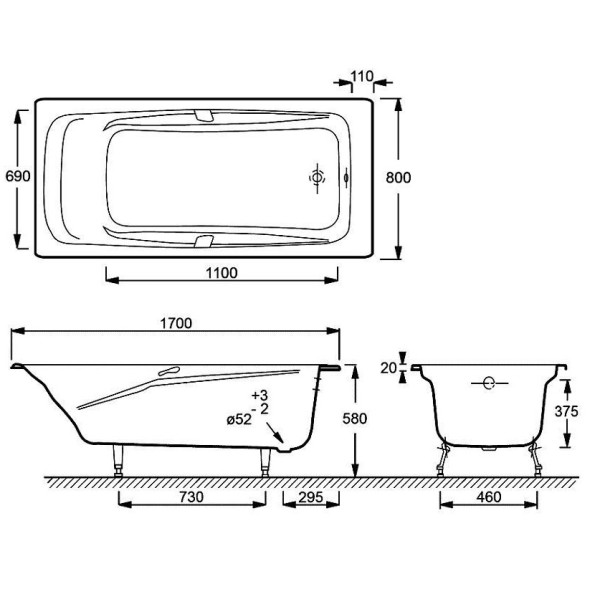 Ванна чугунная Jacob Delafon Repos 170x80 c отв. под ручки (E2915-00)