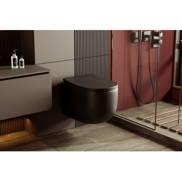 Унитаз подвесной Abber Bequem безободковый, смыв торнадо черный матовый (AC1104TMB)