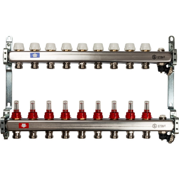 Коллекторная группа 9 отводов 1"x3/4"(18)EK с расходомерами, с клапаном вып. воздуха и сливом Stout (нерж.сталь) (SMS-0927-000009)