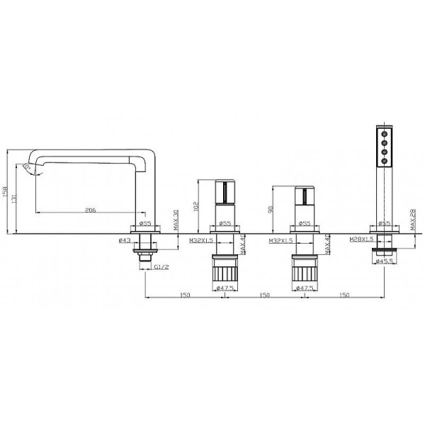 Смеситель на борт ванны BelBagno Uno (UNO-BVD4-CRM)