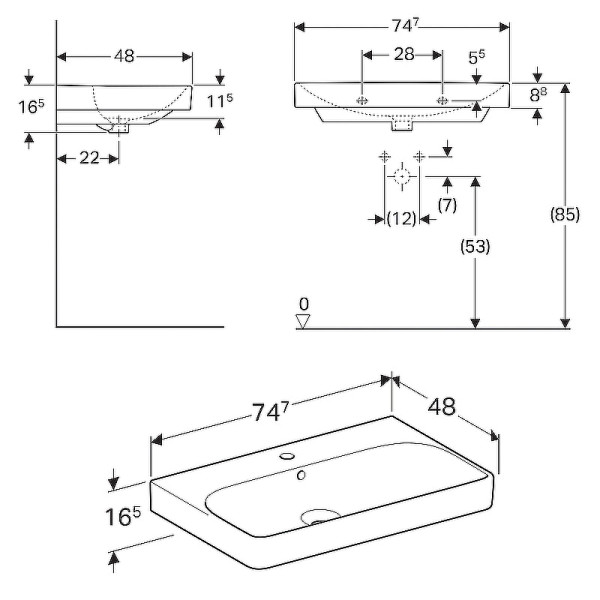 Раковина подвесная Geberit Smyle Square 75х48 с отверстием под смеситель, с отверстием перелива, белая (500.249.01.1)