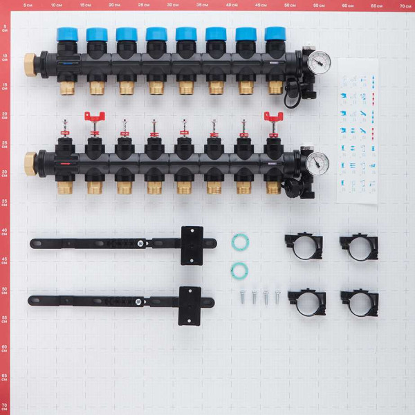 Коллекторная группа Henco 8 отводов 1"-3/4" НР ЕК M30х1,5 мм. с расходомерами и термометрами (композит) (UFH-0605MDK08-03L)