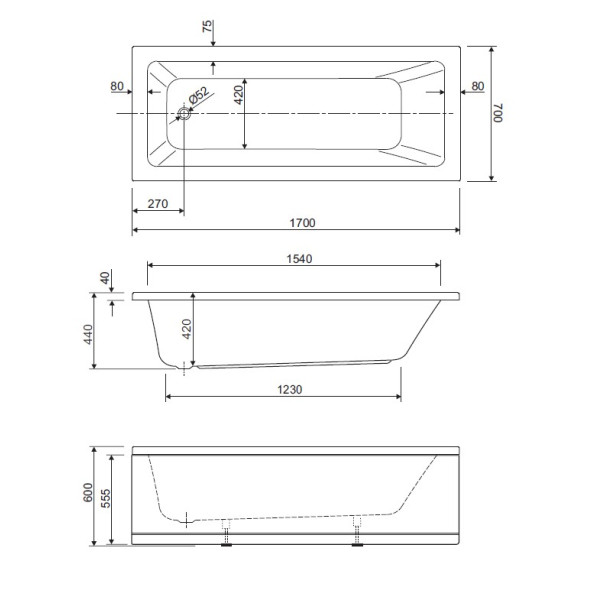 Ванна акриловая Cezares Plane Solo Mini 170x70x60 белый (PLANE SOLO MINI-170-70-42-W37)