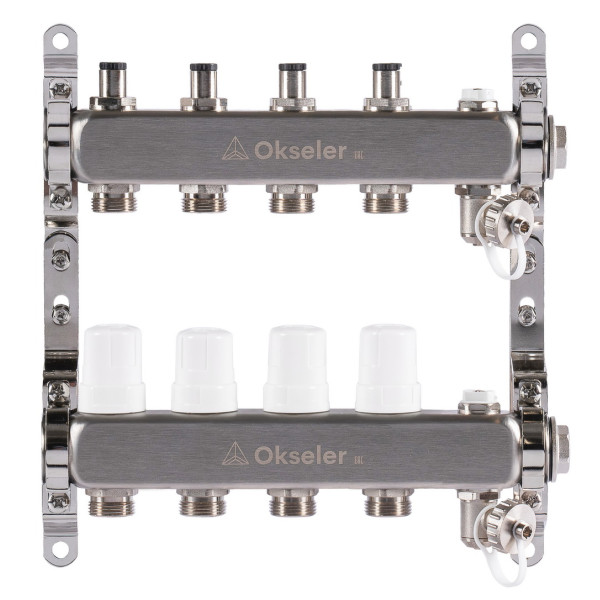 Коллекторная группа 4 отвода 1"*3/4"(18) ЕК с регулировочными клапанами Okseler (нерж.ст) с дренажным краном и краном Маевского (Oks00303)