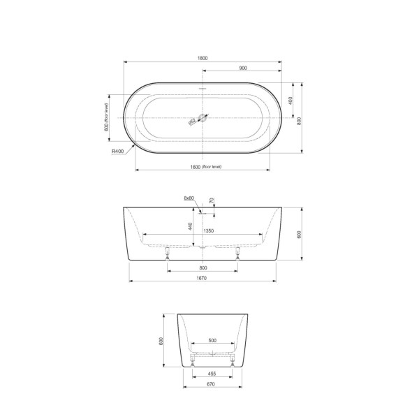 Ванна акриловая Cezares Metauro 180x80x60 серый матовый (METAURO-INT-Central-180-80-60-G-W-MATT)
