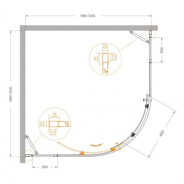 Душевой уголок Cezares Molveno 120x120x195 стекло прозрачное, профиль брашированное золото (MOLVENO-R-11-90+30-C-BORO-IV)