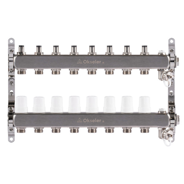 Коллекторная группа 8 отводов 1"*3/4"(18) ЕК с регулировочными клапанами Okseler (нерж.ст) с дренажным краном и краном Маевского (Oks00307) Коллекторная группа 8 отводов 1"*3/4"(18) ЕК с регулировочными клапанами Okseler (нерж.ст) с дренажным краном и краном Маевского (Oks00307)