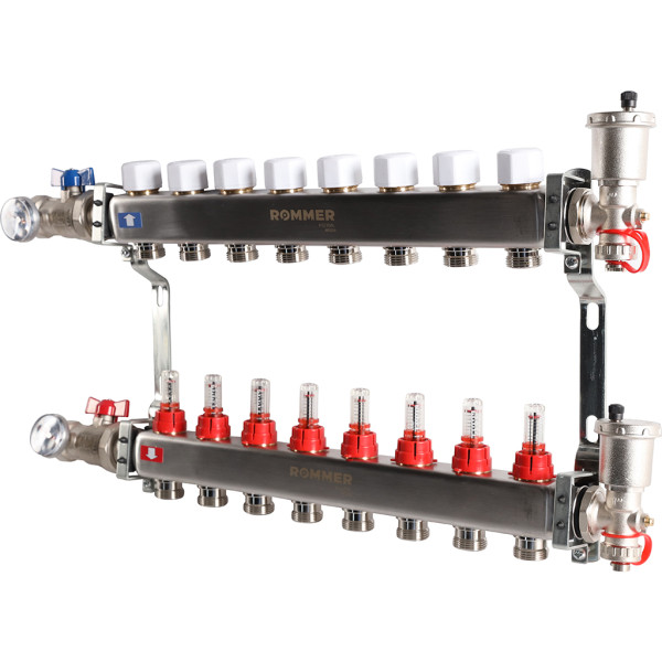 Коллекторная группа Rommer 8 отводов 1"x3/4" в сборе с расходомерами (нерж.сталь) (RMS-1210-000008)