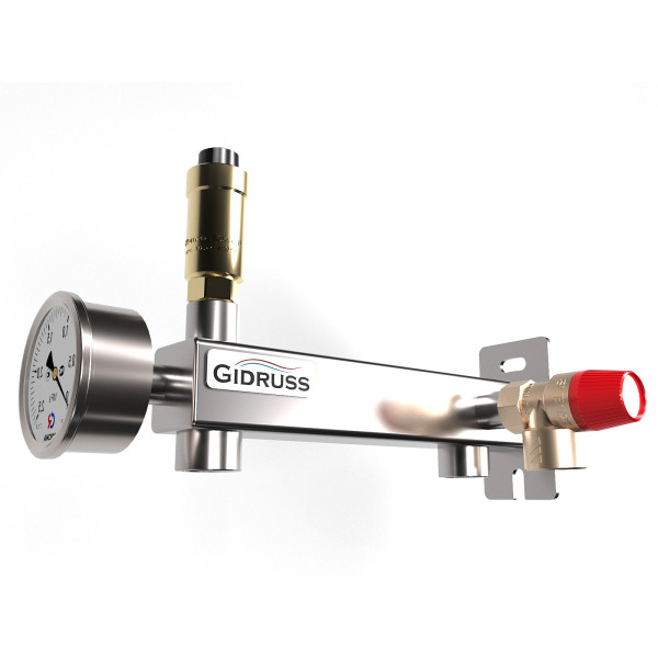 Группа безопасности расширительного бака консольная Gidruss BKSS-24D (бак до 8-24 л вниз, в к-те воздухо-отводчик, нерж. манометр, аварийный клапан 6