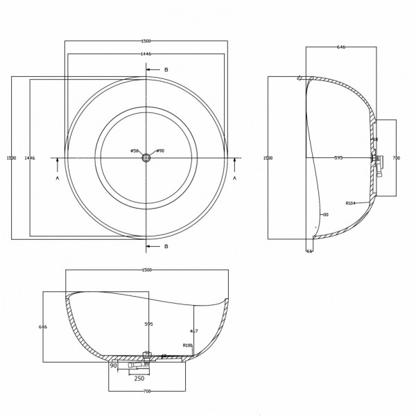 Ванна из полиэфирной смолы Abber Kristall 150x150x64,6 черная (AT9705Onyx)