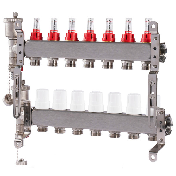 Коллекторная группа 7 отводов 1"*3/4"(18) ЕК с расходомерами Okseler (нерж.ст) с автоматическим воздухоотводчиком и спускным краном (Oks00345)