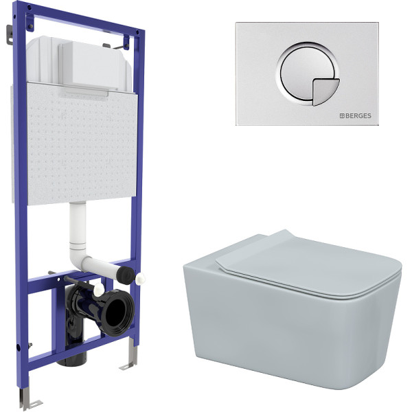 Комплект инсталляция с унитазом Berges Novum525 c с кнопкой R2 матовый хром, унитаз FLOE, сиденье FLOE Slim SO (043281)