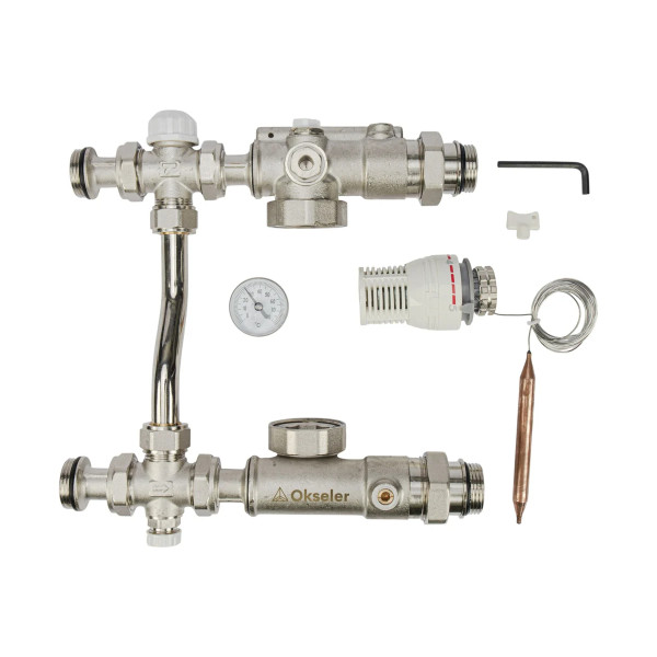 Модуль подмешивающий Okseler с термостатом 20-60°С, с перепускным клапаном, без насоса 130 мм (Oks00738)