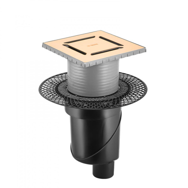 Трап Berges водосток Platz Norma 150х150, золото глянец, S-сифон D50/105 H50 вертикальный (092059)