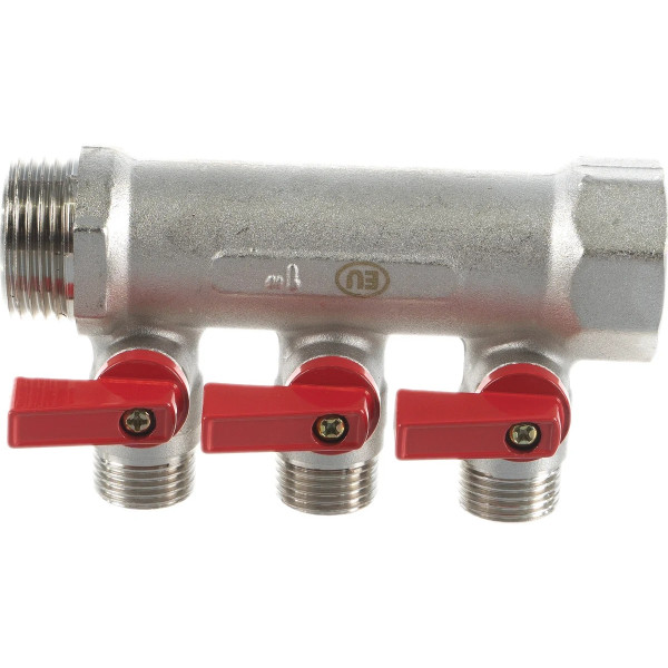 Коллектор 3 отв. с шар. клапанами 1*1/2"(16) (никель) Kromwell красные ручки (EU.ST3042285 3x1x12_k)