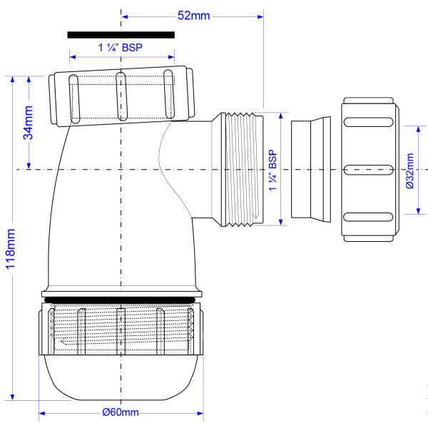 Сифон McAlpine 32 мм. бутылочный для донного клапана (1 1/4", без выпуска) (MRW2-NW-MINI) Сифон McAlpine 32 мм. бутылочный для донного клапана (1 1/4", без выпуска) (MRW2-NW-MINI)