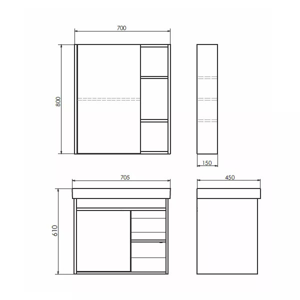 Шкаф зеркальный Comforty Вена 700x150x800 дуб дымчатый (00-00009272)