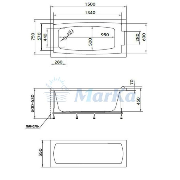 Ванна акриловая 1Marka Aelita 150x75 белая (01ае1575)