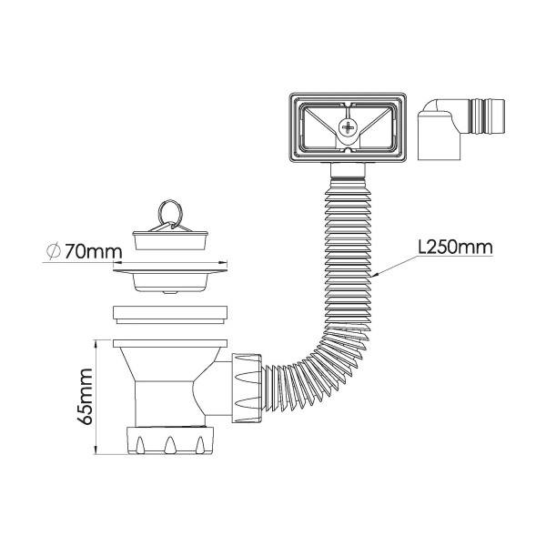 Выпуск для мойки 1 1/2"х70 Nova с прямоугольным гибким переливом (винт 65 мм., решетка из нерж.ст) (7004)