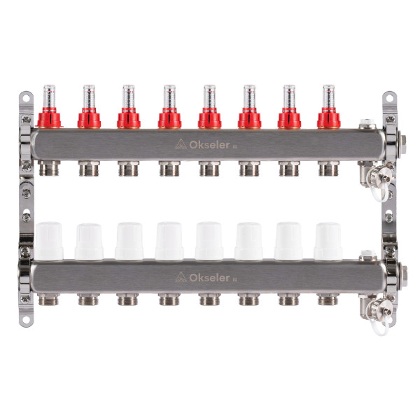 Коллекторная группа 8 отводов 1"*3/4"(18) ЕК с расходомерами Okseler (нерж.ст) с дренажным краном и краном Маевского (Oks00318)