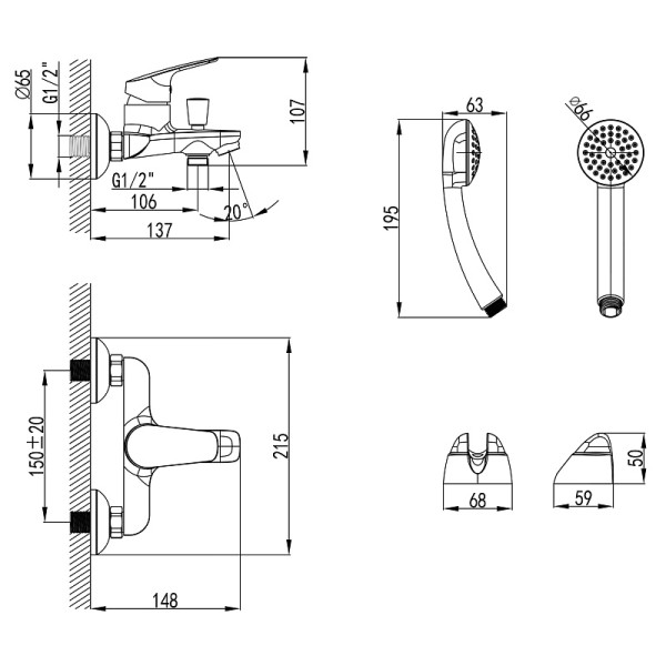 Смеситель для ванны и душа Azario с ручным душем хром (AZ-HU245906)
