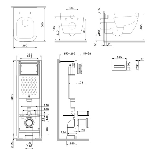 Комплект инсталляция с унитазом AM.PM ErgoFit с клав M черная матовая с подвесным унитазом Gem Aquaspin (IS110338.901901)