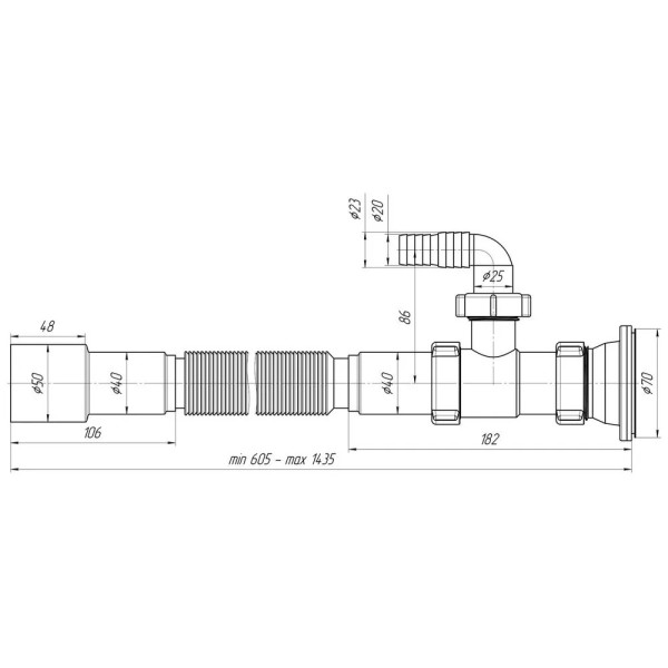 Сифон 40 мм. гофрированный с выпуском 1 1/2"(70 мм.)*40/50 АНИ удлинённый с отводом для стиральной машины (648-1488 мм.) АНИ пласт (G118) Сифон 40 мм. гофрированный с выпуском 1 1/2"(70 мм.)*40/50 АНИ удлинённый с отводом для стиральной машины (648-1488 мм.) АНИ пласт (G118)