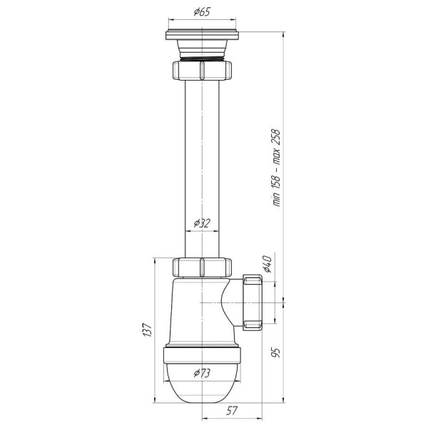 Сифон 32 мм. (1 1/4"*40 мм.) бутылочный АНИ с выпуском 1 1/4"*65 мм. АНИ пласт (C1000) Сифон 32 мм. (1 1/4"*40 мм.) бутылочный АНИ с выпуском 1 1/4"*65 мм. АНИ пласт (C1000)