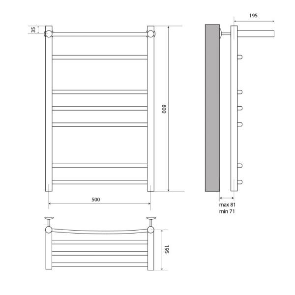 Полотенцесушитель водяной Melodia Shelf Eco 500x800 П6 1x3x2 хром, нижнее подключение, с полочкой