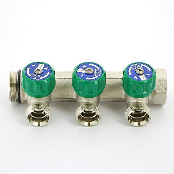 Коллектор Uni-Fitt НВ 3 отвода 1"х3/4" EK Н 50мм с выходами под 90 никелированный с вентилями