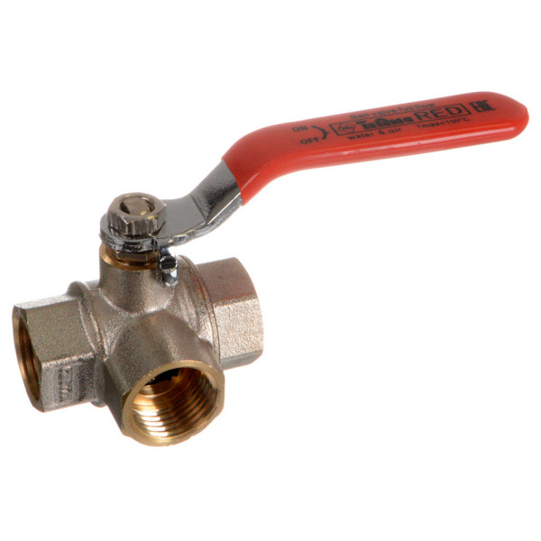 Кран 3/4" шаровый трёхходовой L-порт TeRma RED (красная ручка) (31064) Кран 3/4" шаровый трёхходовой L-порт TeRma RED (красная ручка) (31064)