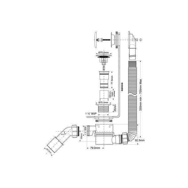 Обвязка для ванны McAlpine 1-1/2"x40 мм с переливом L700 D34мм гидрозат.50мм, белая (MRB11-WH)