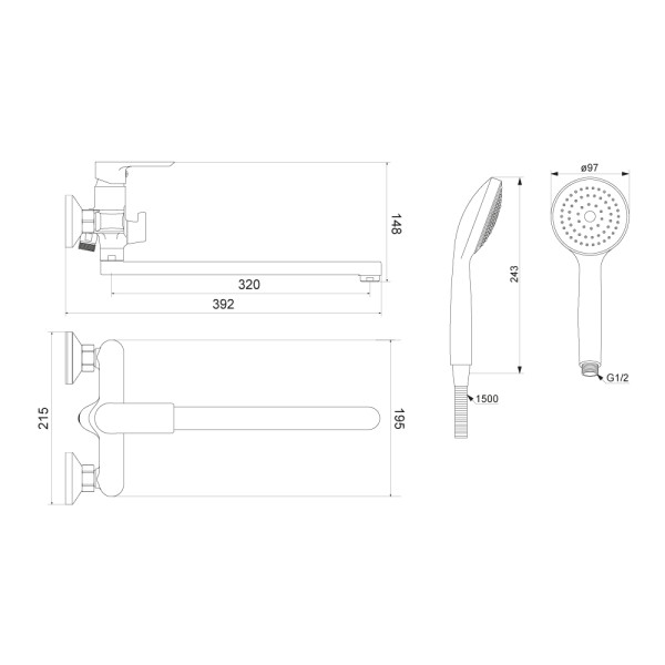 Смеситель для ванны и душа Damixa Apollo с душевым набором хром (479500000)