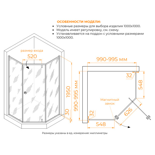 Душевой уголок RGW HO-088B 1000x1000 стекло матовое-сатинат, профиль черный (350608800-24)