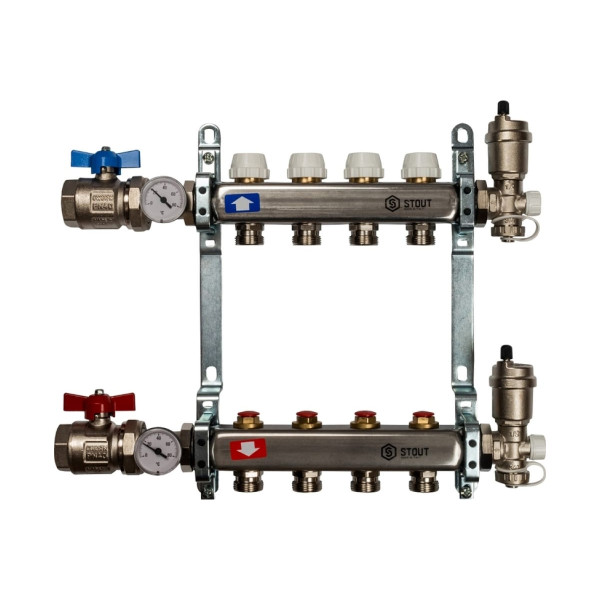 Коллекторная группа 4 отвода 1"x3/4"(18)EK в сборе без расходомеров Stout (нерж.сталь) (SMS-0912-000004)