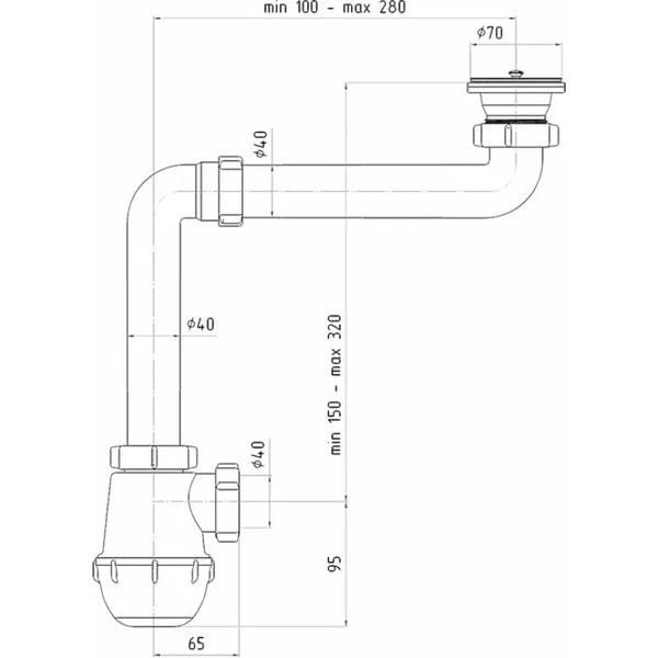Сифон 40 мм. бутылочный АНИ "Грот" с выпуском 1 1/2"*70 мм. (смещенный) АНИ пласт (A5000)