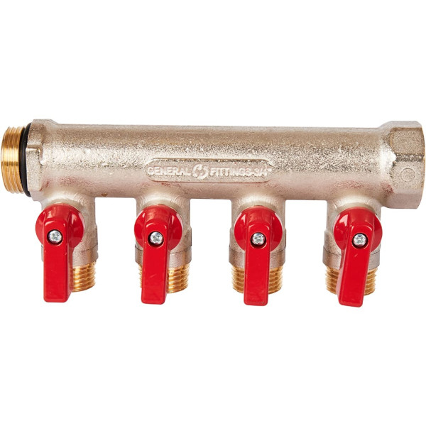 Коллектор 4 отвода с шаровыми клапанами 3/4"x1/2"(16) Stout (никель, красные ручки) (SMB-6210-341204) Коллектор 4 отвода с шаровыми клапанами 3/4"x1/2"(16) Stout (никель, красные ручки) (SMB-6210-341204)