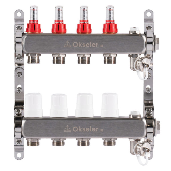 Коллекторная группа 4 отвода 1"*3/4"(18) ЕК с расходомерами Okseler (нерж.ст) с дренажным краном и краном Маевского (Oks00314)