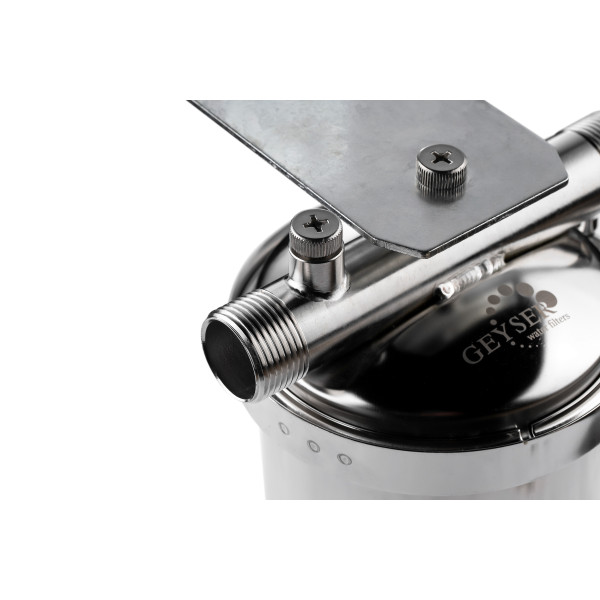 Фильтр колбовый Гейзер Тайфун 1" 10ВВ со сливом (нержавеющая сталь, с универсальным картриджем для холодной и горячей воды) (32066)