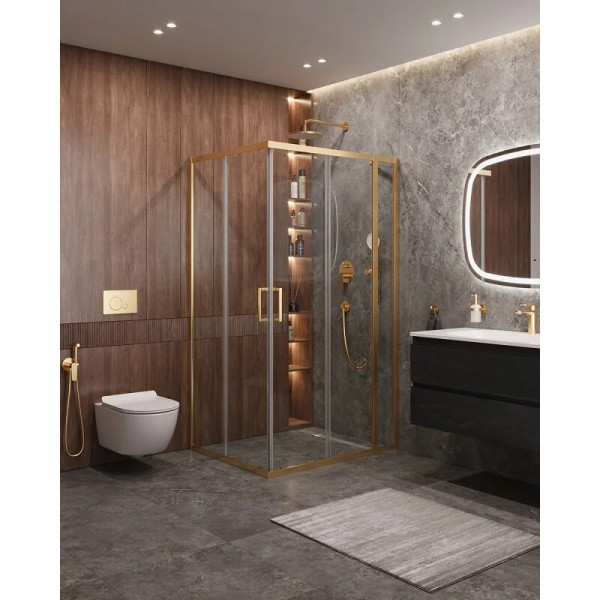 Душевой уголок Cezares Molveno 130x100x195 стекло прозрачное, профиль брашированное золото (MOLVENO-AH-21-100+30-C-BORO-IV)