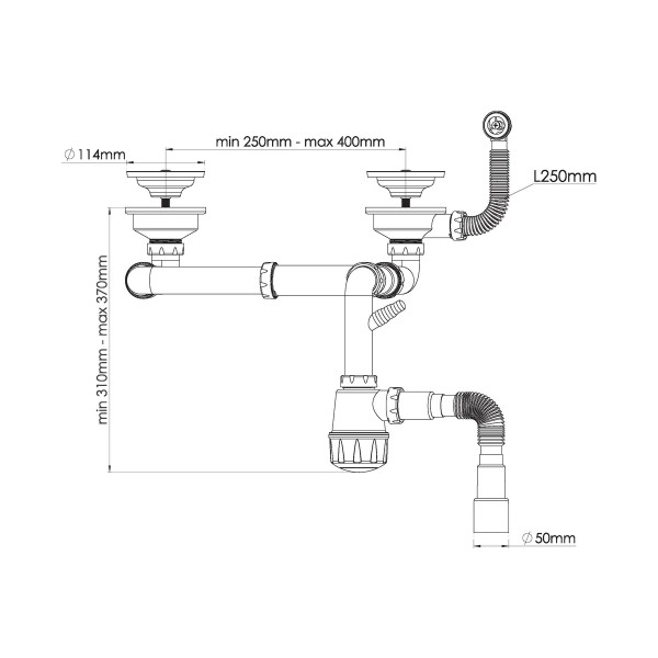 Сифон 40 мм бутылочный двойной разноуровневый Nova 3 1/2"х114 мм с 1-им отв. круглым переливом и гофрой 1 1/2"х40/50 (1196)