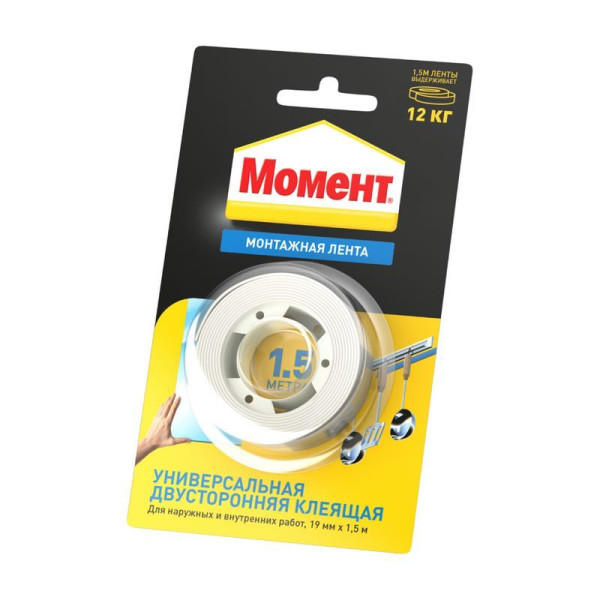 Лента клеящая монтажная двусторонняя Момент 1,5 м. (белая) (1714773)
