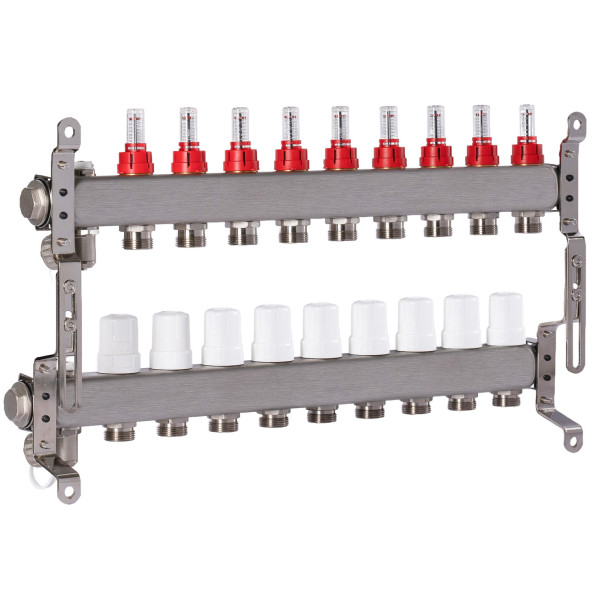 Коллекторная группа 9 отводов 1"*3/4"(18) ЕК с расходомерами Okseler (нерж.ст) с дренажным краном и краном Маевского (Oks00319)
