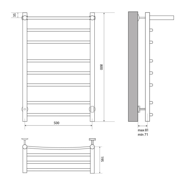 Полотенцесушитель электрический Melodia Shelf Electro 500x800 П6 1x3x2 121Вт встроенный диммер, хром, с полочкой