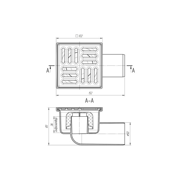 Трап горизонтальный 50 мм. (100*100) АНИ нерегулируемый, с гидрозатвором (решетка нерж.ст.) АНИ пласт (TA5102)