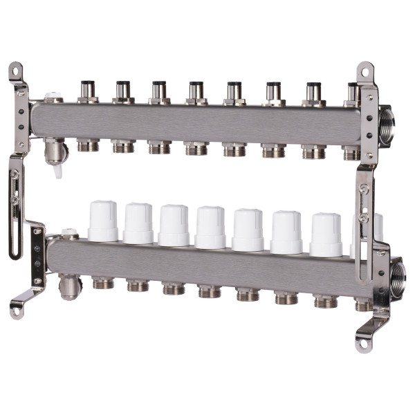 Коллекторная группа 8 отводов 1"*3/4"(18) ЕК с регулировочными клапанами Okseler (нерж.ст) с дренажным краном и краном Маевского (Oks00307)